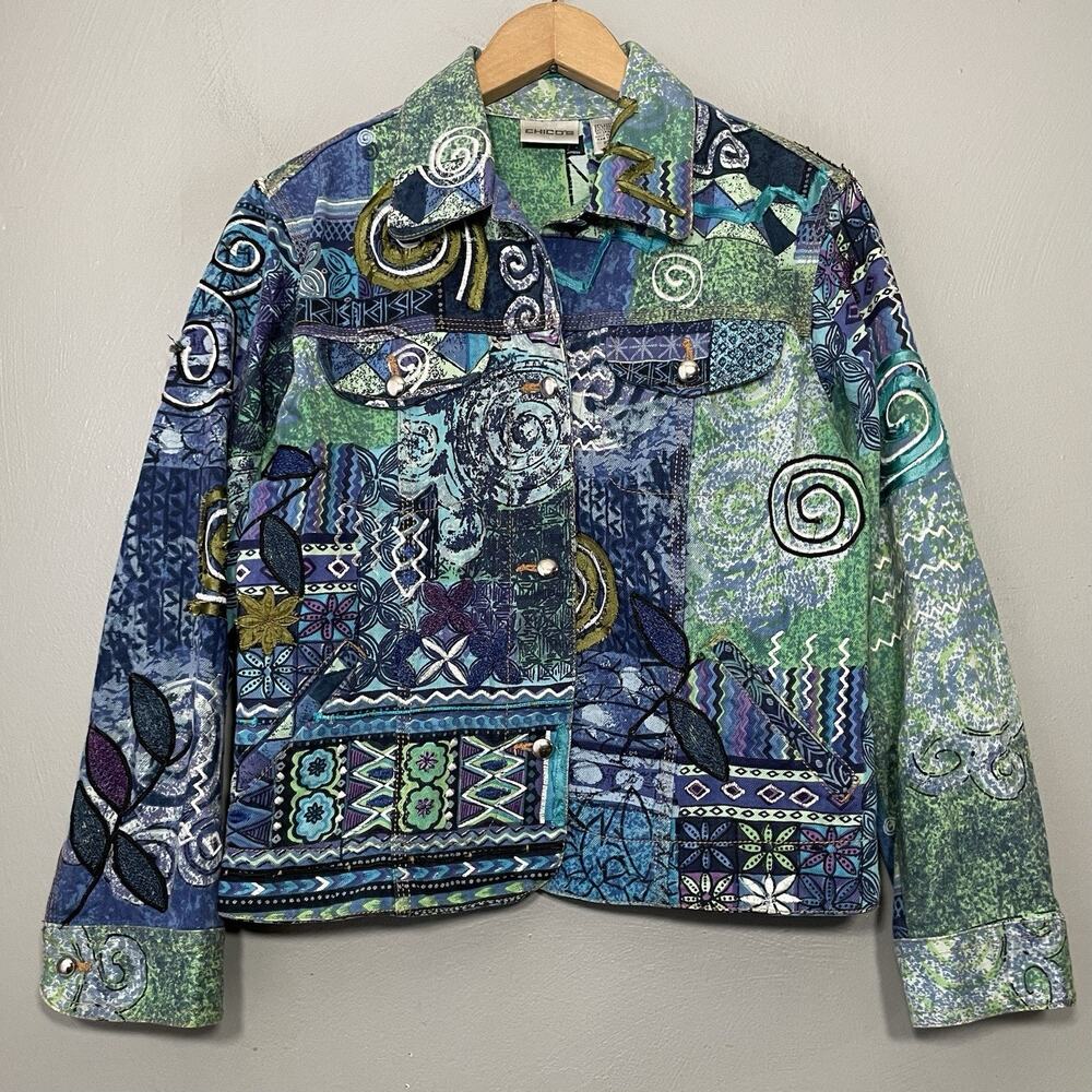 Chicos Embroidered Jacket Womens 0 Size Small Artsy Boho Denim Jacket Maximalist
